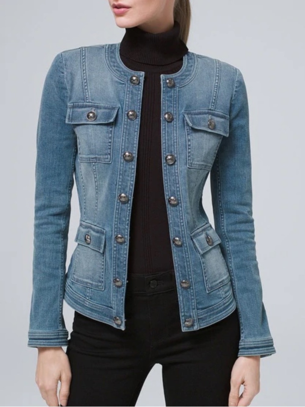 White House Black Market Blue Denim Jacket Ornate Buttons Fitted Military Style